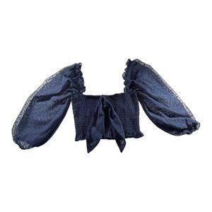 O. Vianca Size Small Women’s Smocked Cropped Blouse Top Puff Slv Navy Blue Used